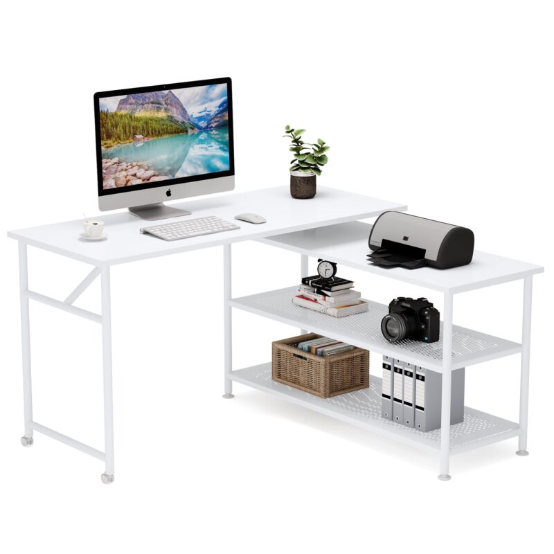 Rotating Desk, Modern L-Shaped Desk with Storage Shelves