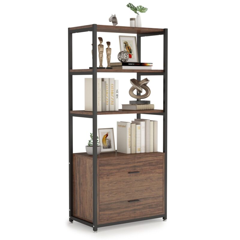 Bookshelf, Rustic Etagere Bookcase with Drawers & Shelves