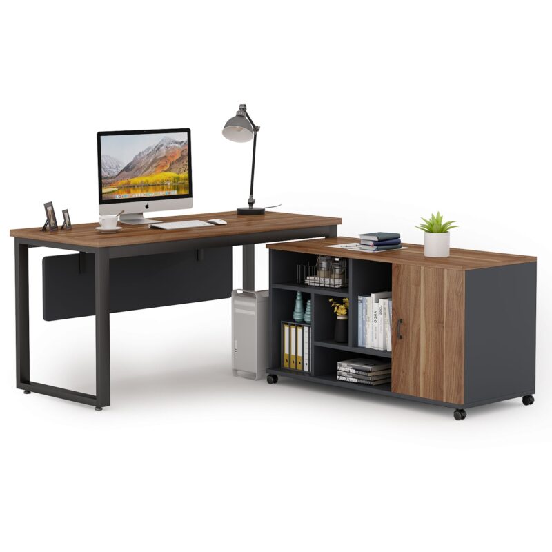 L-Shaped Computer Desk with 47 Inch File Cabinet Set