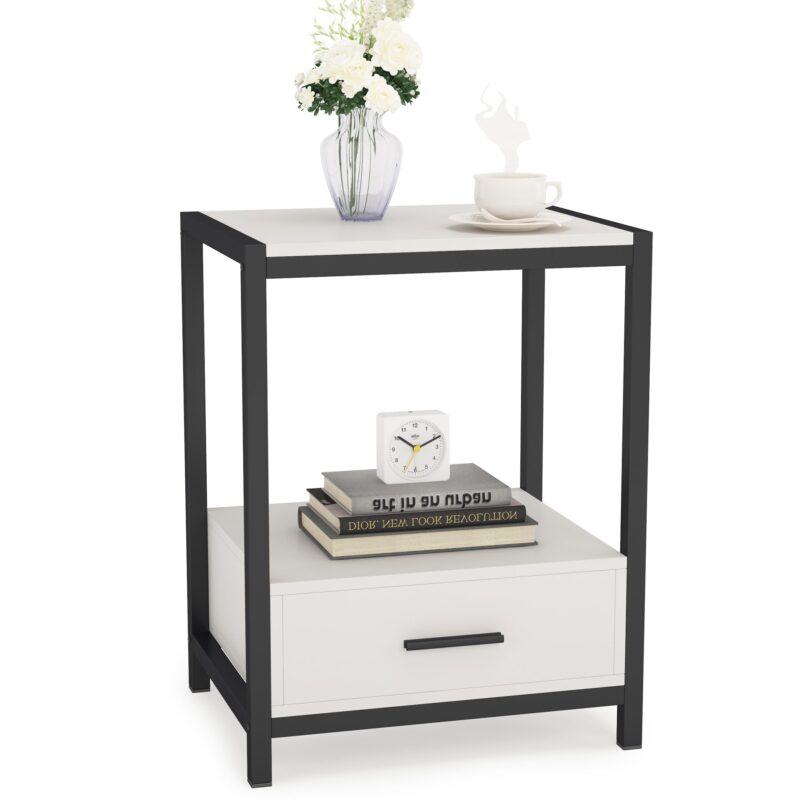 Nightstands, End Side Table with Drawer & Storage Shelf - Image 8