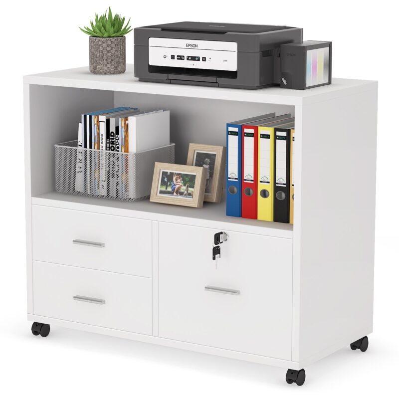 File Cabinet, 3 Drawer Lateral Filing Cabinet with Lock & Wheels