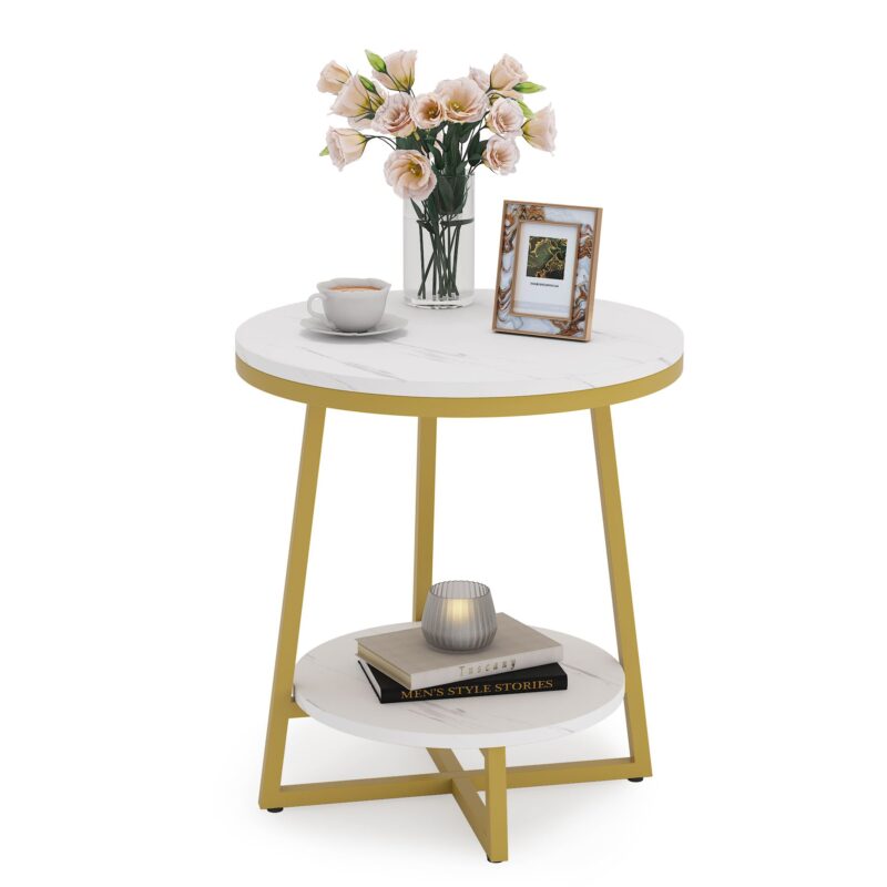 End Table, 2 Tier Round Nightstand Bedside Table