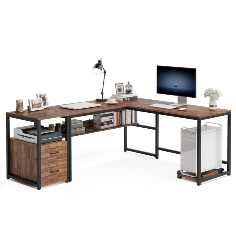 L-Shaped Desk, 70" Computer Desk with Bookcase and Cabinet