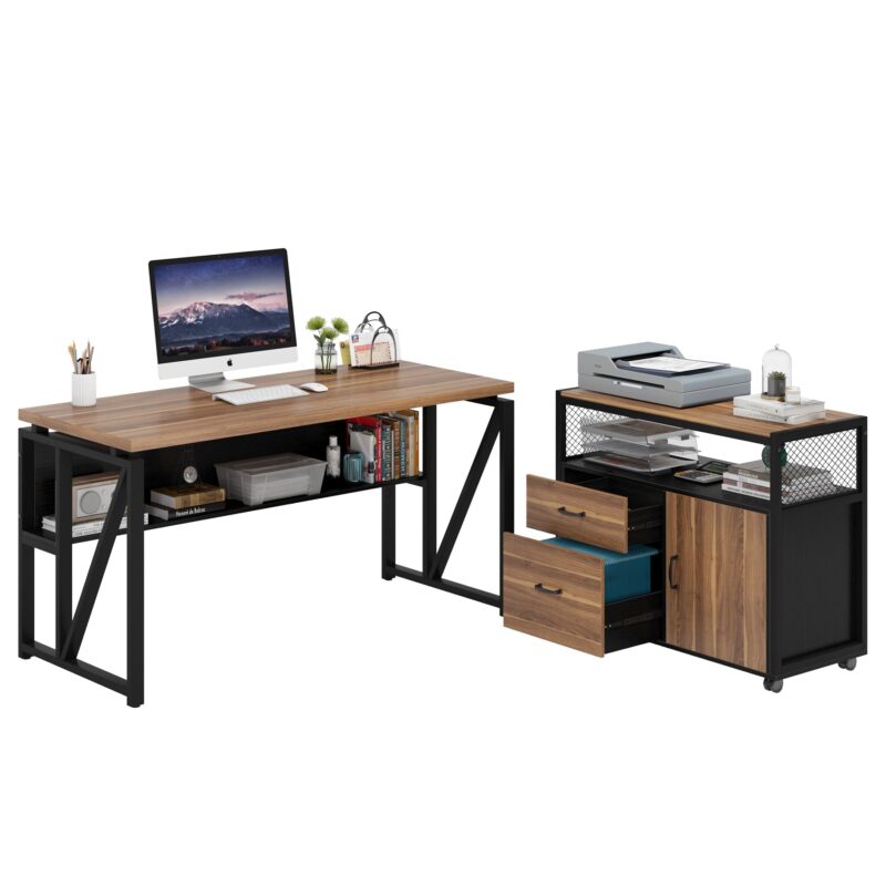 L-Shaped Desk Set, 55" Executive Desk and 32" File Cabinet