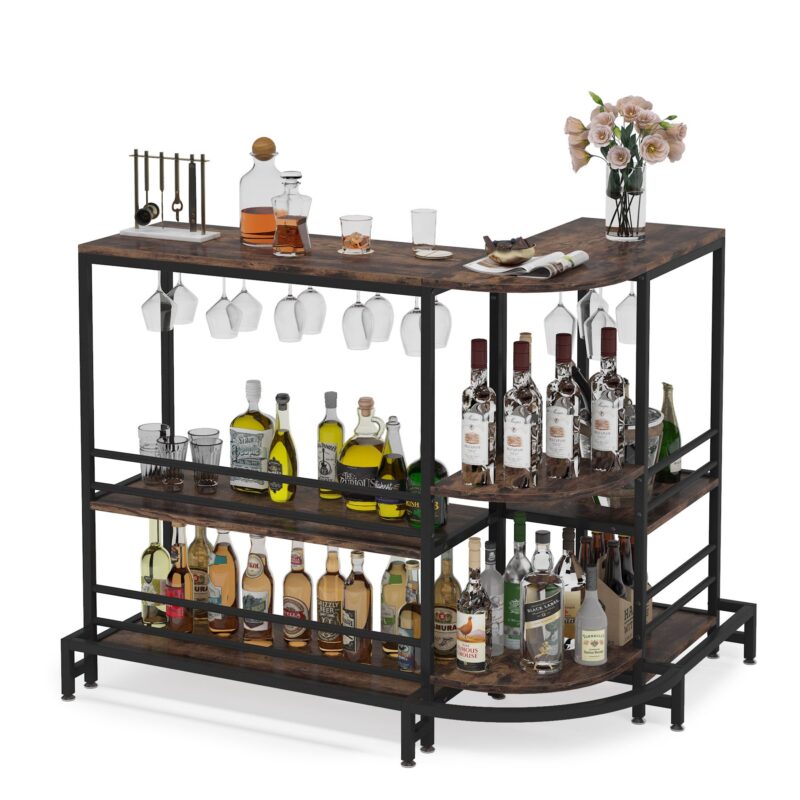 Bar Unit, 3-Tier L-Shaped Liquor Bar Table with Storage