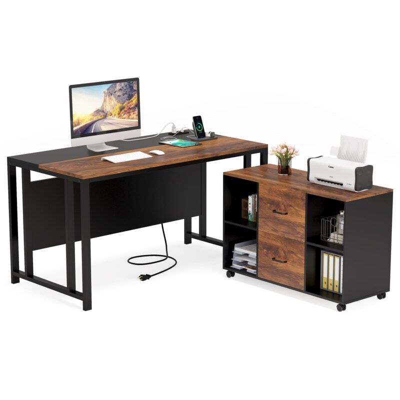 L-Shaped Desk, 55" Office Desk with 40" Mobile File Cabinet - Image 2