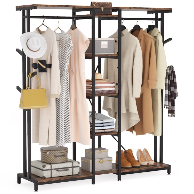 Freestanding Closet Organizer, Large Clothes Rack with Hooks & Shelves