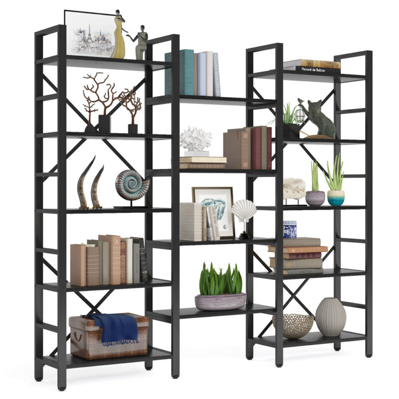 Bookshelf,  Industrial Triple Wide 14 Shelves Etagere Bookcase - Image 12