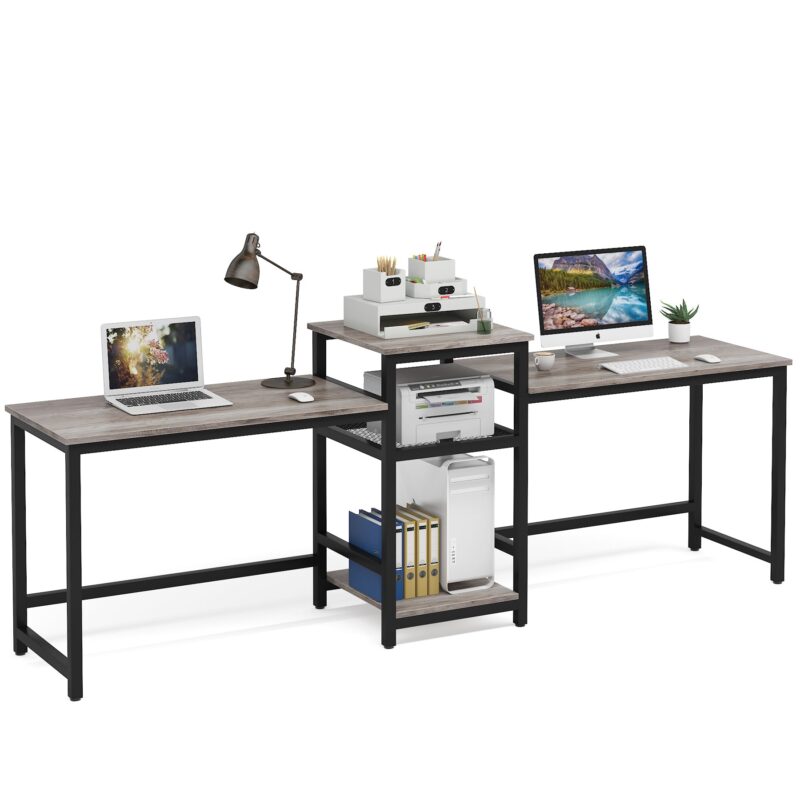 Two Person Desk, 96.9" Double Computer Desk with Storage Shelves - Image 11