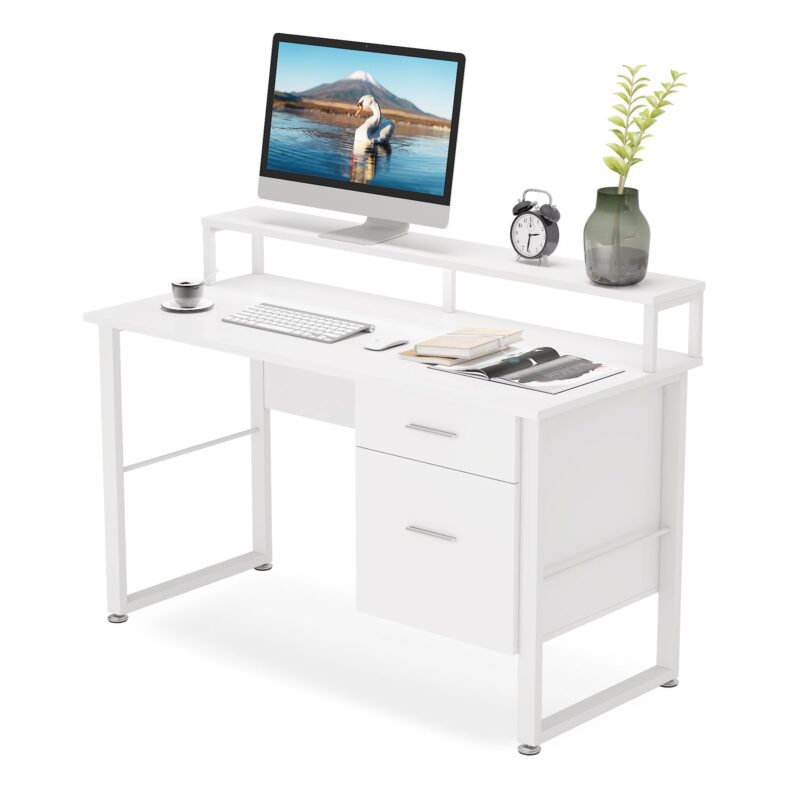 Computer Desk, White Study Table with with Monitor Stand ＆ Drawers - Image 2