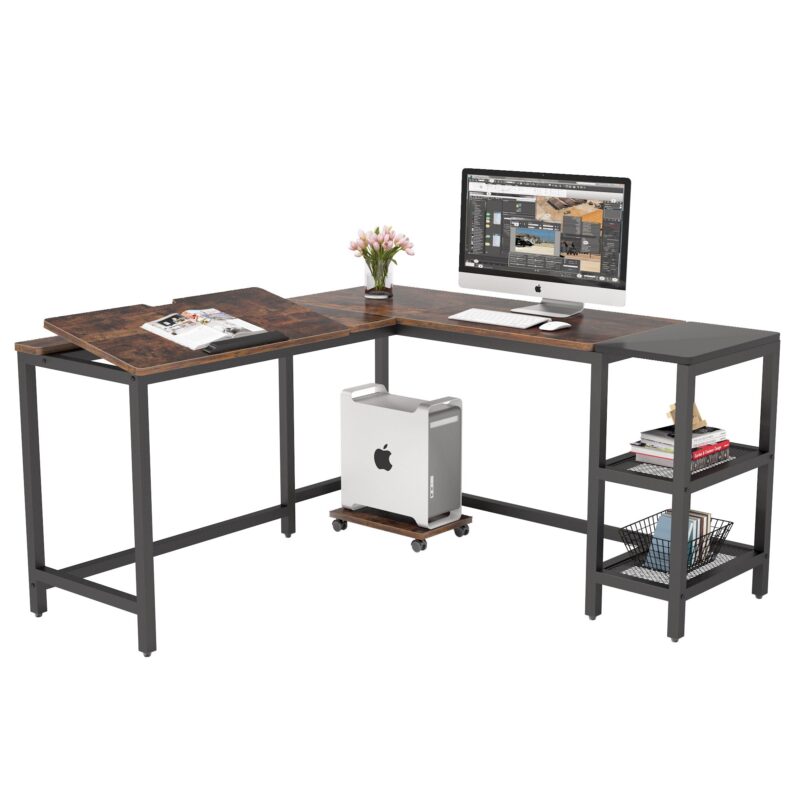 L-Shaped Desk, 59" Corner Computer Desk Drafting Table with Shelves - Image 2