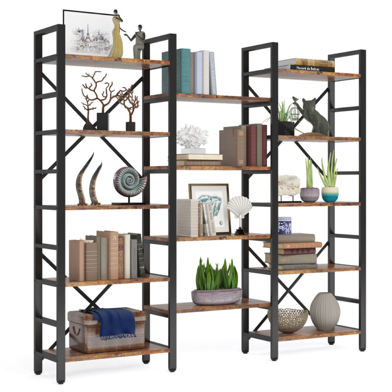 Bookshelf,  Industrial Triple Wide 14 Shelves Etagere Bookcase - Image 2