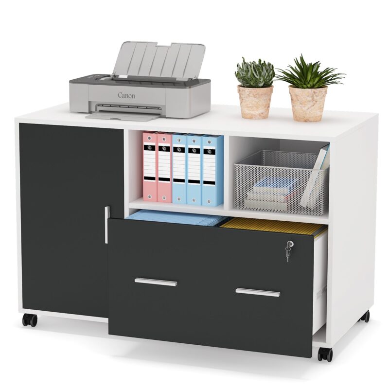 File Cabinet, Lateral Printer Stand with Wheels and Shelves