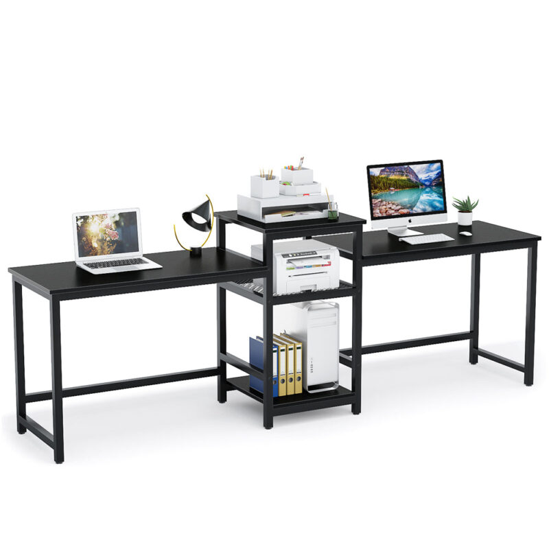 Two Person Desk, 96.9" Double Computer Desk with Storage Shelves - Image 9