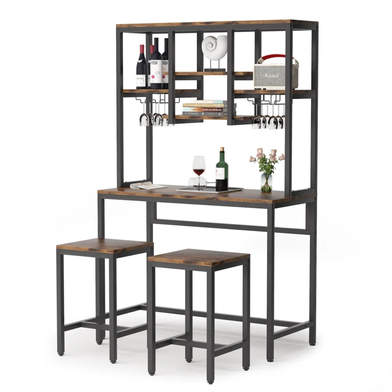 Bar Table Set, Industrial Pub Table with 2 Bar Stools & with Glass Holder