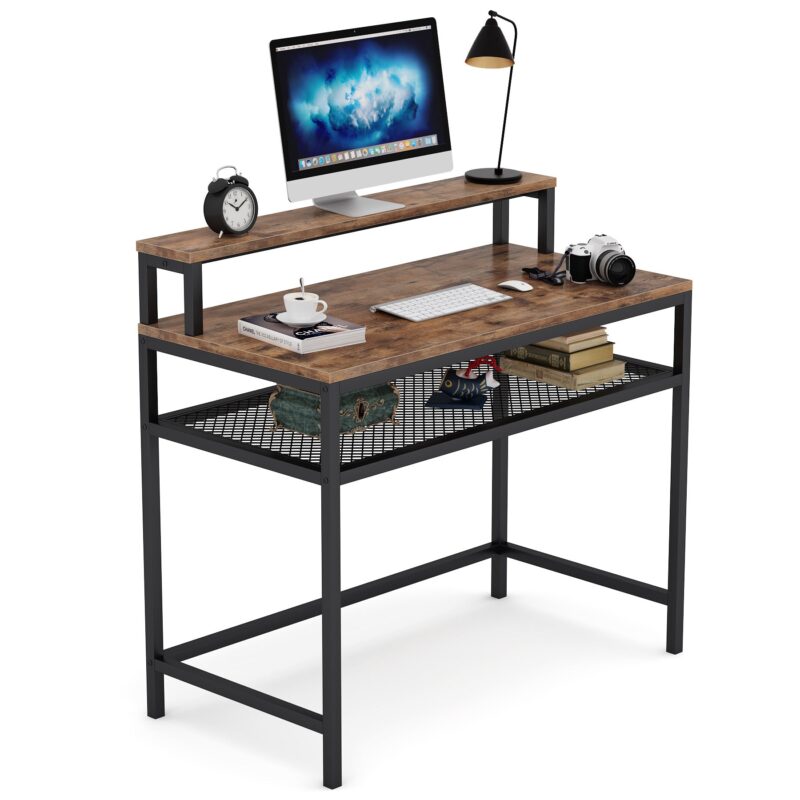 Computer Desk, Industrial Writing Desk with Monitor Stand