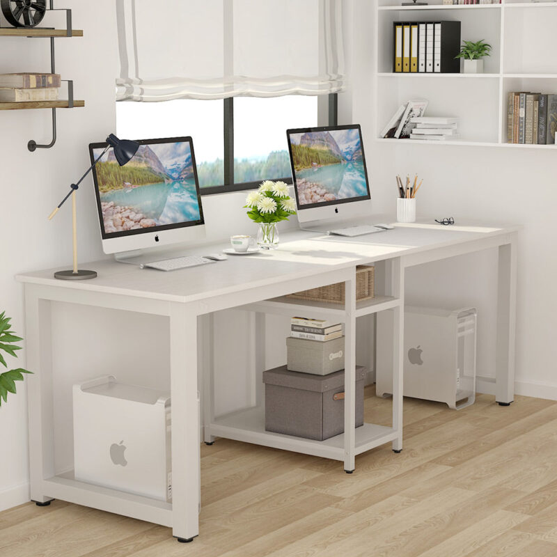 Two Person Desk, 78 Inches Computer Desk with Storage Shelves - Image 4