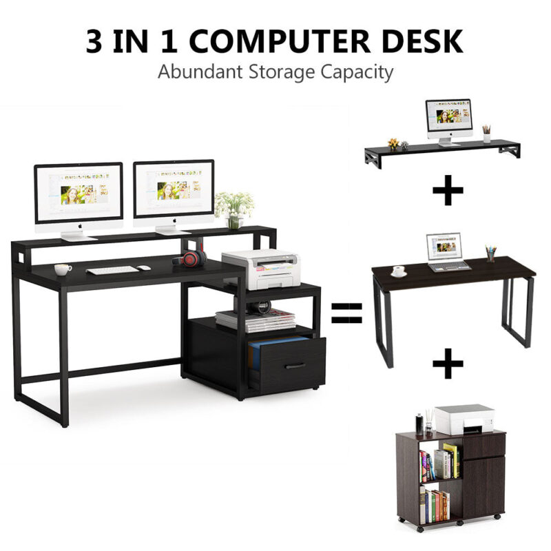 Computer Desk, 60" Desk with File Drawer and Shelves - Image 6