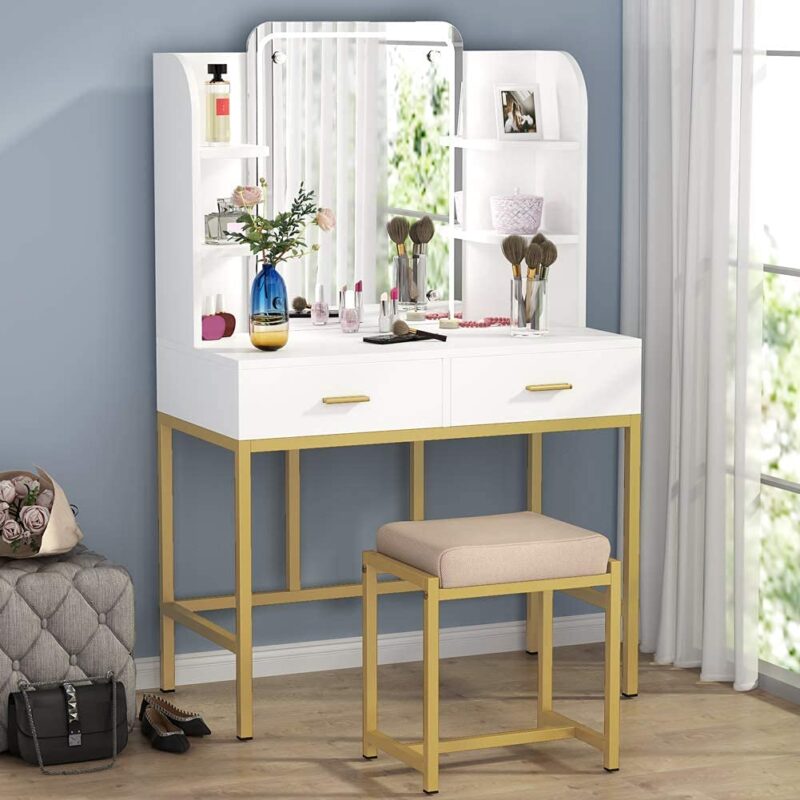 Vanity, Dressing Table Set with Storage Shelves and 2 Drawers