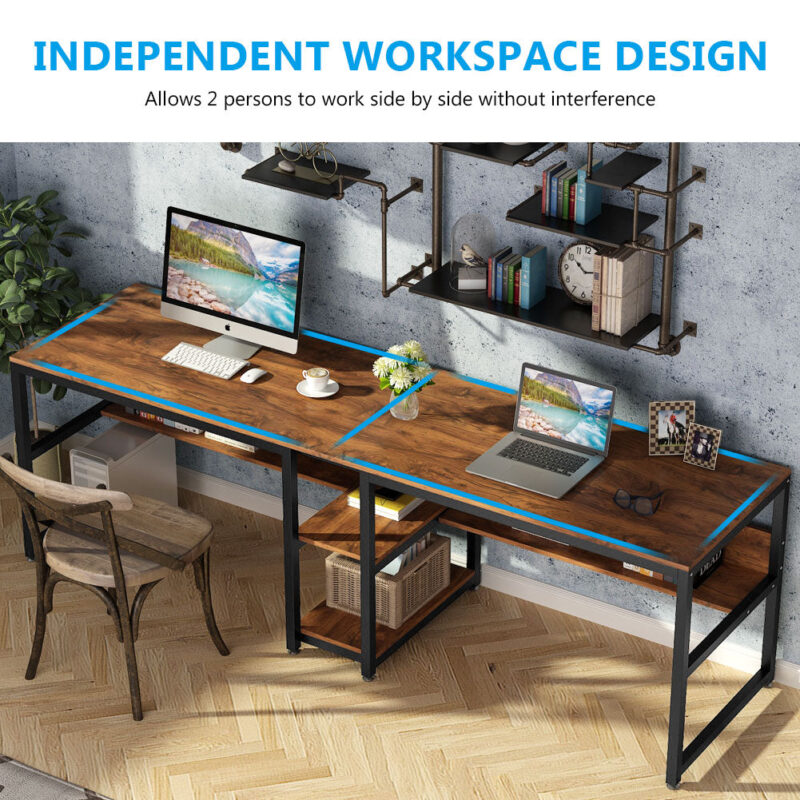 Two Person Desk, 78.7 Computer Double Desk with Bookshelf - Image 5