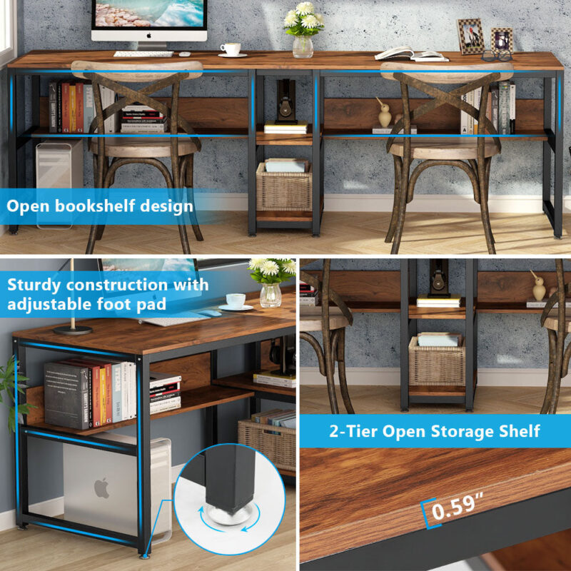 Two Person Desk, 78.7 Computer Double Desk with Bookshelf - Image 6