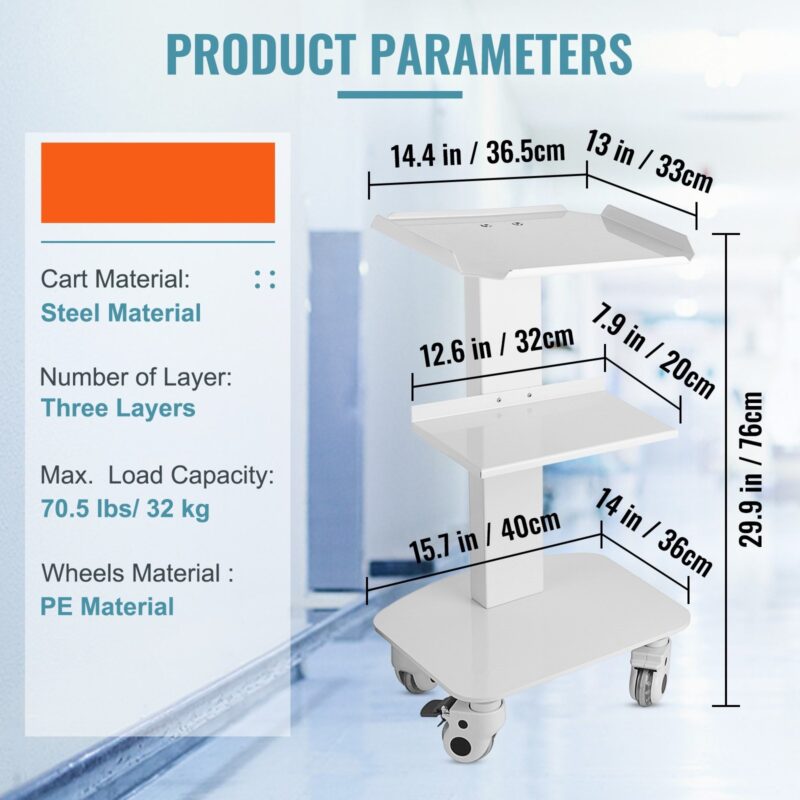 3 Trays Utility Cart 3-Layer Trolley Heavy Duty Lab Dental Rolling Utility Cart with 4 PE Wheels 2 of which can be Locked for Fixing Heavy-Duty with 33Lb Load Capacity - Image 7