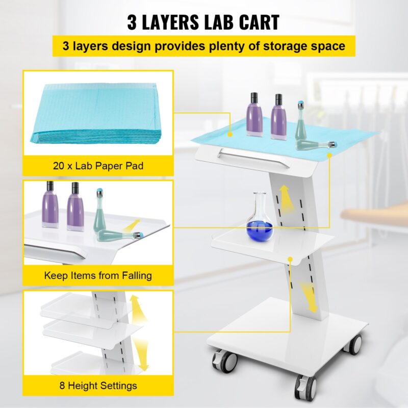 Lab Trolley, Built-in Socket Rolling Lab Cart, 3 Layers Tray Rolling Clinic Cart, 360° Silent Rolling Wheels w/ Foot Brake, 88 lbs Weight Capacity Sturdy Steel Frame, for Lab Clinic Beauty Salon - Image 3