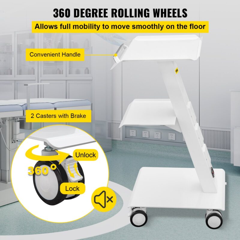 Lab Trolley, Built-in Socket Rolling Lab Cart, 3 Layers Tray Rolling Clinic Cart, 360° Silent Rolling Wheels w/ Foot Brake, 88 lbs Weight Capacity Sturdy Steel Frame, for Lab Clinic Beauty Salon - Image 4