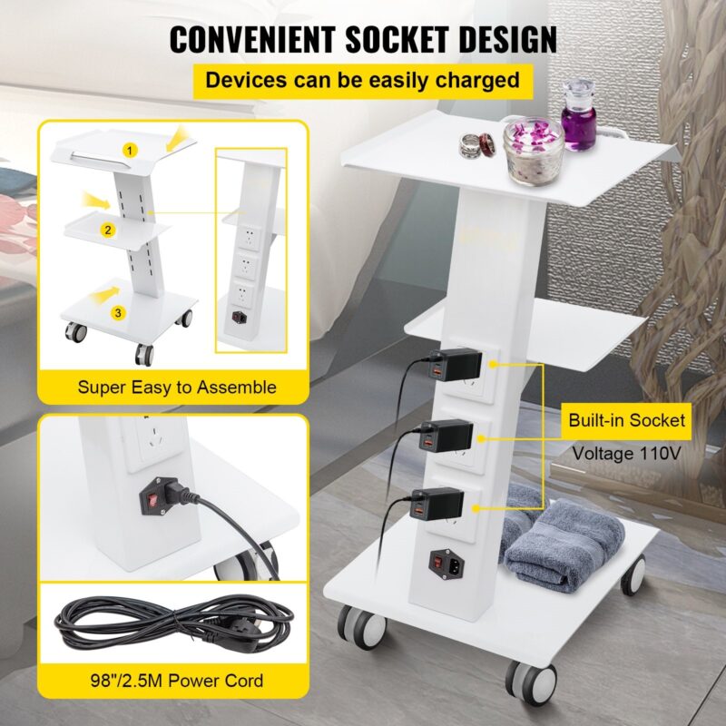 Lab Trolley, Built-in Socket Rolling Lab Cart, 3 Layers Tray Rolling Clinic Cart, 360° Silent Rolling Wheels w/ Foot Brake, 88 lbs Weight Capacity Sturdy Steel Frame, for Lab Clinic Beauty Salon - Image 5