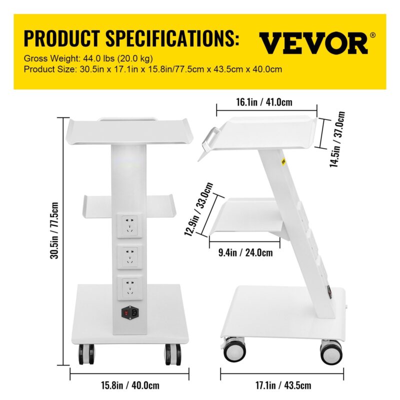 Lab Trolley, Built-in Socket Rolling Lab Cart, 3 Layers Tray Rolling Clinic Cart, 360° Silent Rolling Wheels w/ Foot Brake, 88 lbs Weight Capacity Sturdy Steel Frame, for Lab Clinic Beauty Salon - Image 6