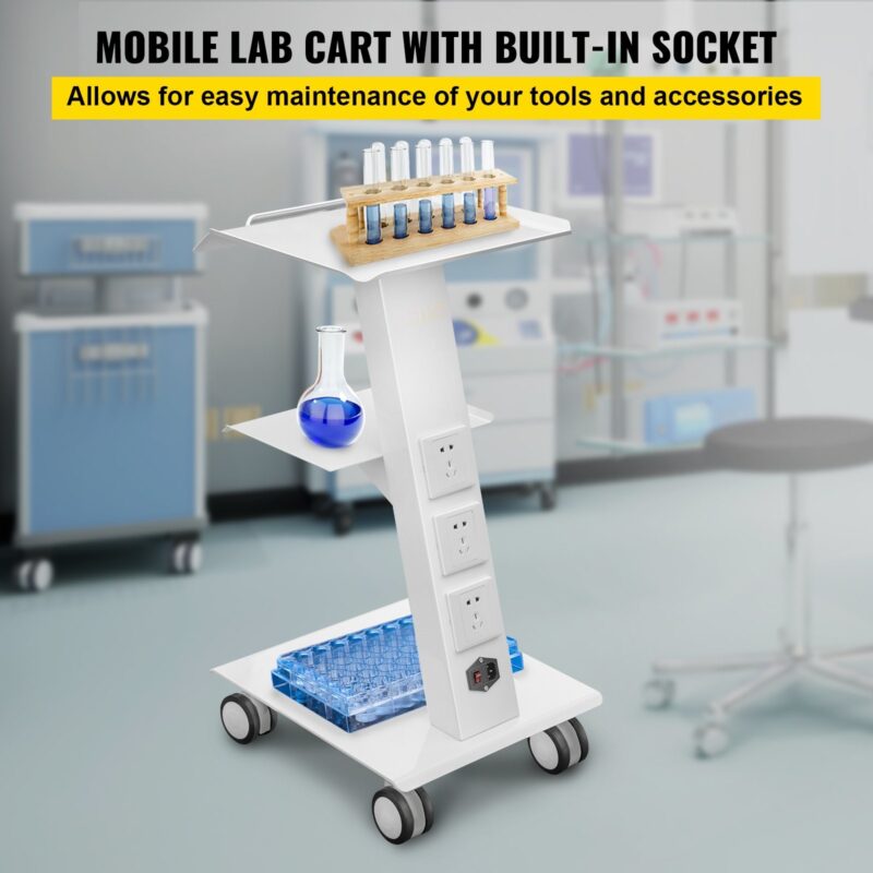 Lab Trolley, Built-in Socket Rolling Lab Cart, 3 Layers Tray Rolling Clinic Cart, 360° Silent Rolling Wheels w/ Foot Brake, 88 lbs Weight Capacity Sturdy Steel Frame, for Lab Clinic Beauty Salon - Image 10