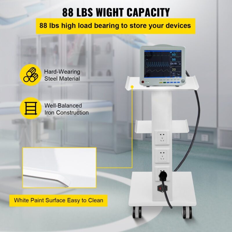 Lab Trolley, Built-in Socket Rolling Lab Cart, 3 Layers Tray Rolling Clinic Cart, 360° Silent Rolling Wheels w/ Foot Brake, 88 lbs Weight Capacity Sturdy Steel Frame, for Lab Clinic Beauty Salon - Image 11