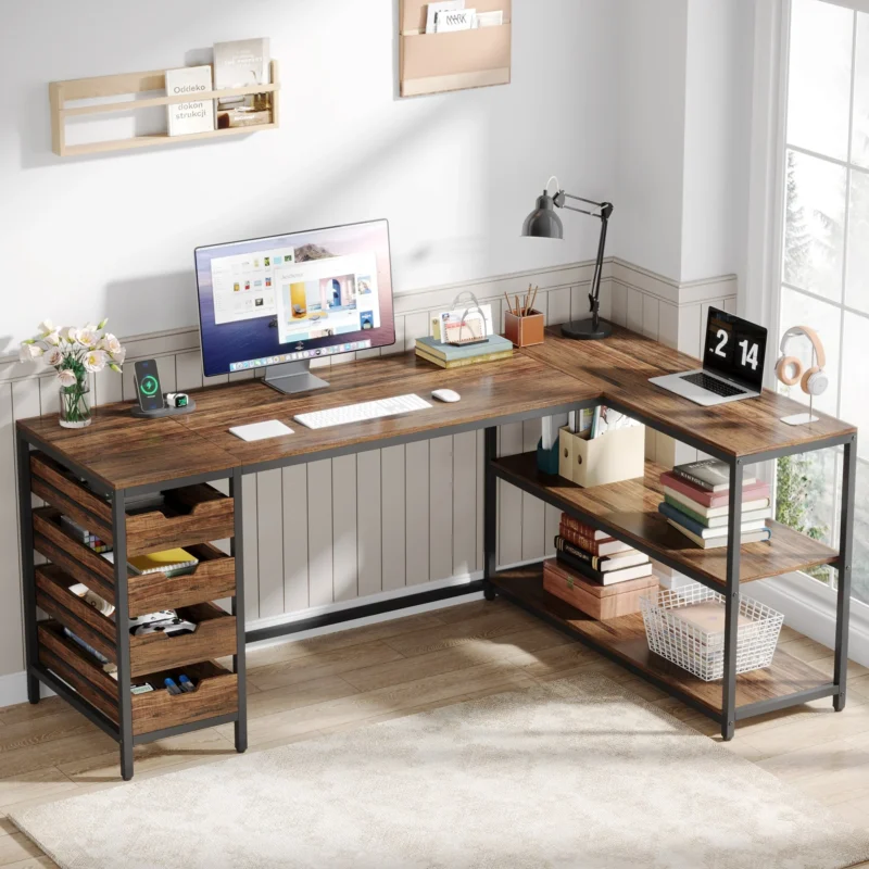 64.5" L-Shaped Desk, Reversible Computer Desk with 4 Drawers & 3 Shelves