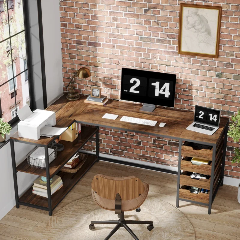 64.5" L-Shaped Desk, Reversible Computer Desk with 4 Drawers & 3 Shelves - Image 6