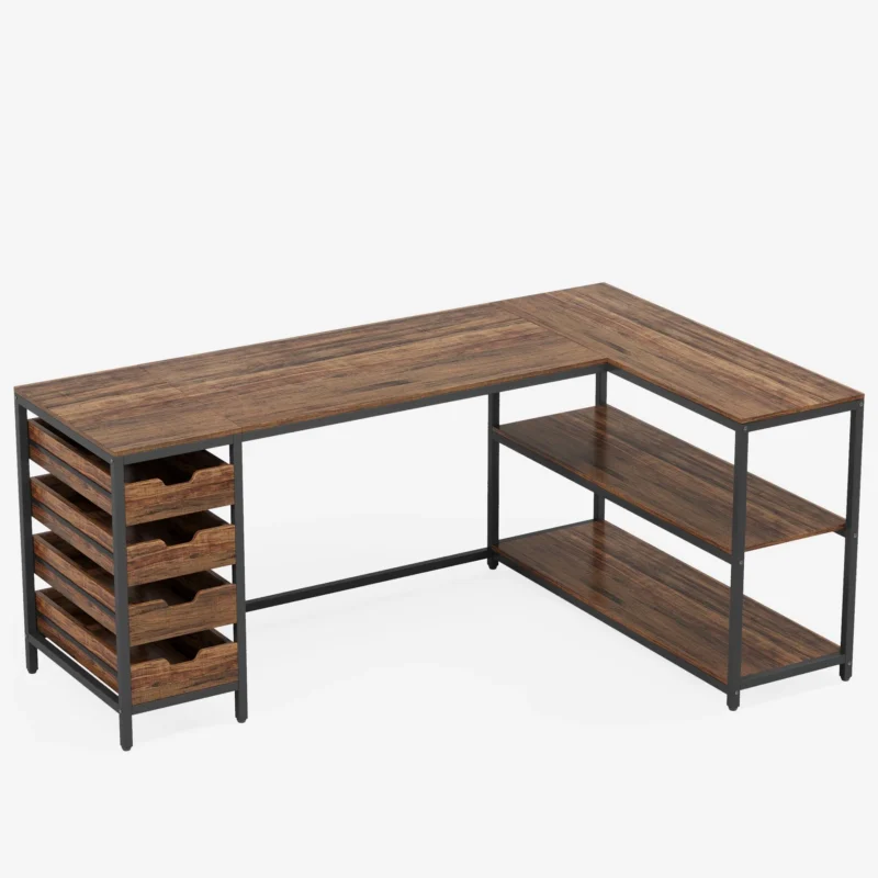 64.5" L-Shaped Desk, Reversible Computer Desk with 4 Drawers & 3 Shelves - Image 7