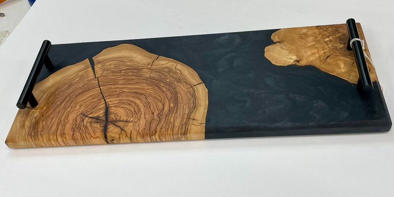 Olivewood, Brown & Clear Epoxy, Fall Leaves Serving Board w/ handles - Image 3