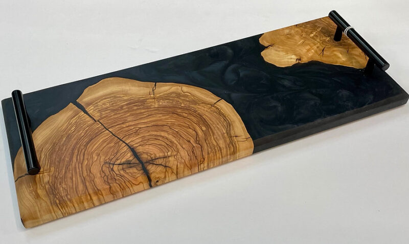 Olivewood, Brown & Clear Epoxy, Fall Leaves Serving Board w/ handles