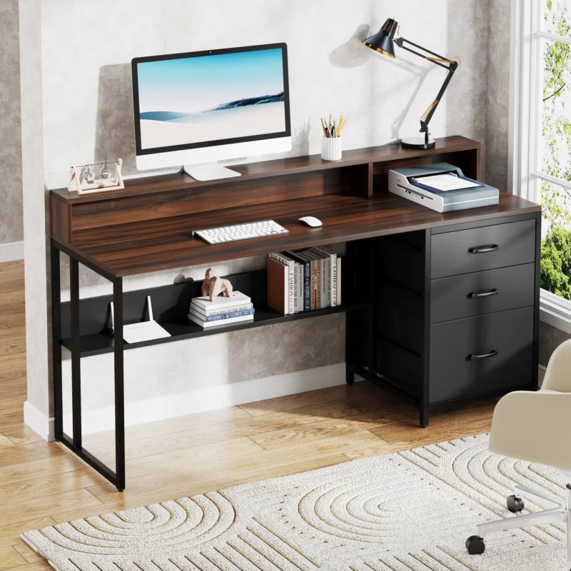 61" Computer Desk Study Writing Table with File Drawers & Monitor Stand - Image 7