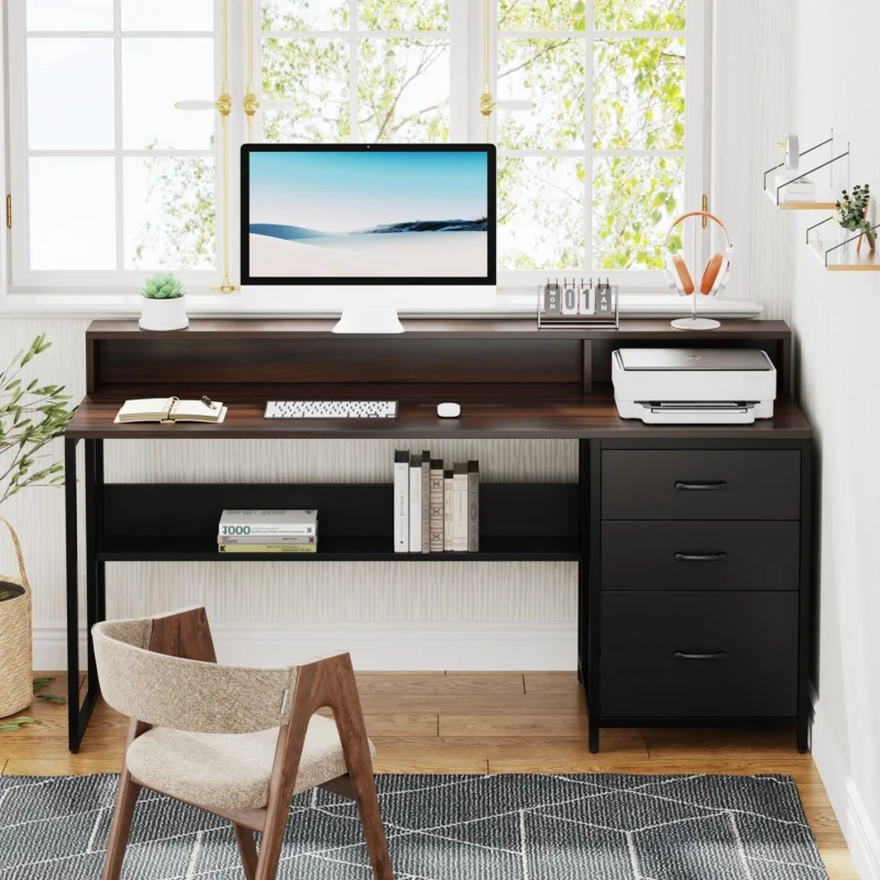 61" Computer Desk Study Writing Table with File Drawers & Monitor Stand - Image 6