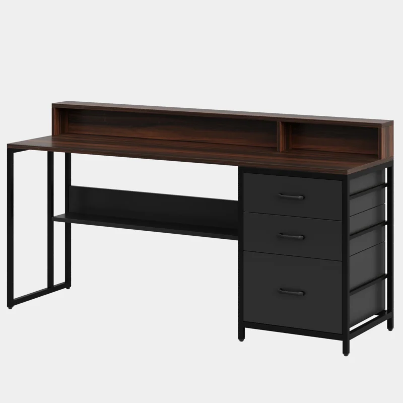 61" Computer Desk Study Writing Table with File Drawers & Monitor Stand - Image 3