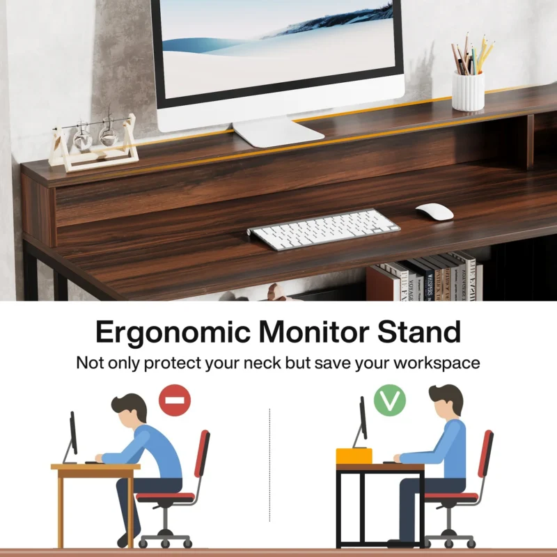 61" Computer Desk Study Writing Table with File Drawers & Monitor Stand - Image 8