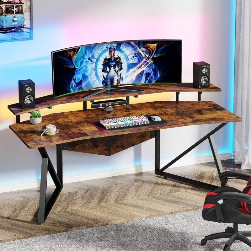 70.9" Computer Desk Study Table Gaming Desk with Monitor Stand - Image 3