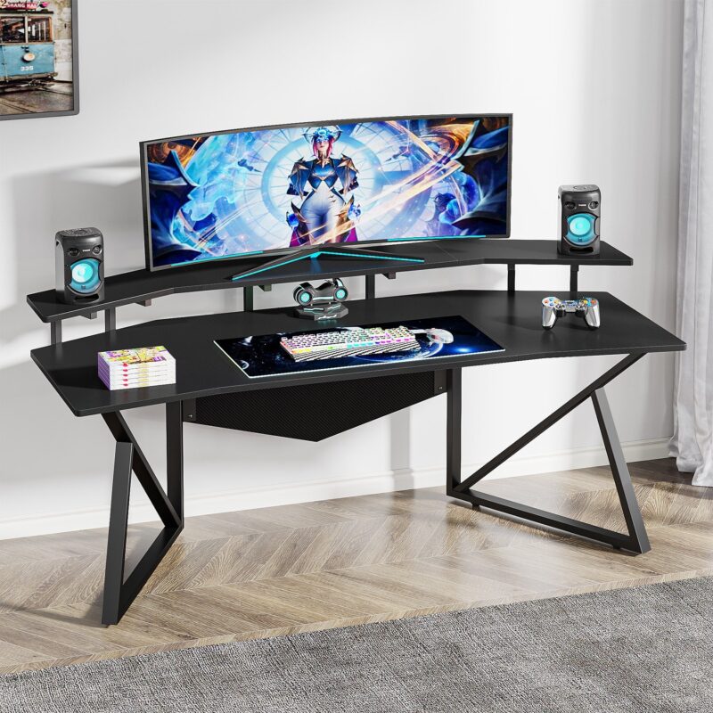 70.9" Computer Desk Study Table Gaming Desk with Monitor Stand - Image 10