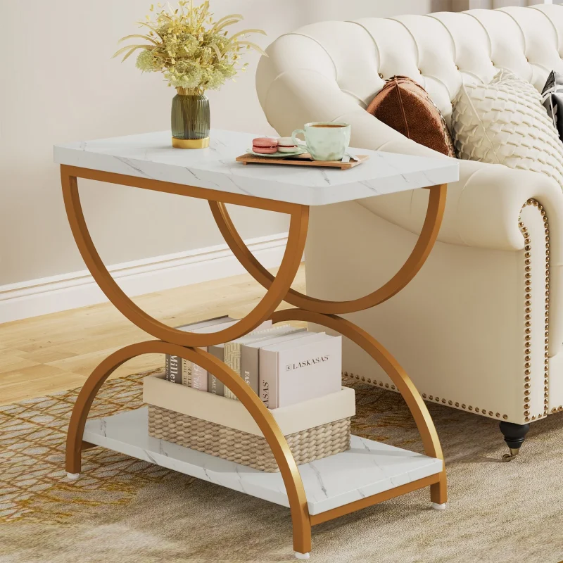 2-Tier End Table, Rectangular Side Table with Stylish Metal Frame - Image 4