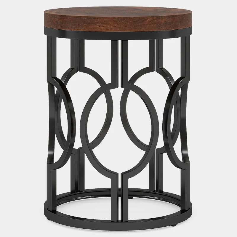 Round End Table, Industrial Side Table with Metal Hollow Frame - Image 10