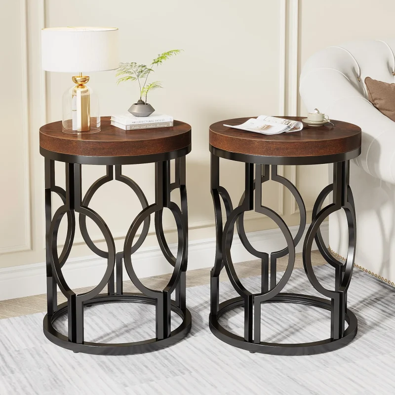 Round End Table, Industrial Side Table with Metal Hollow Frame - Image 2