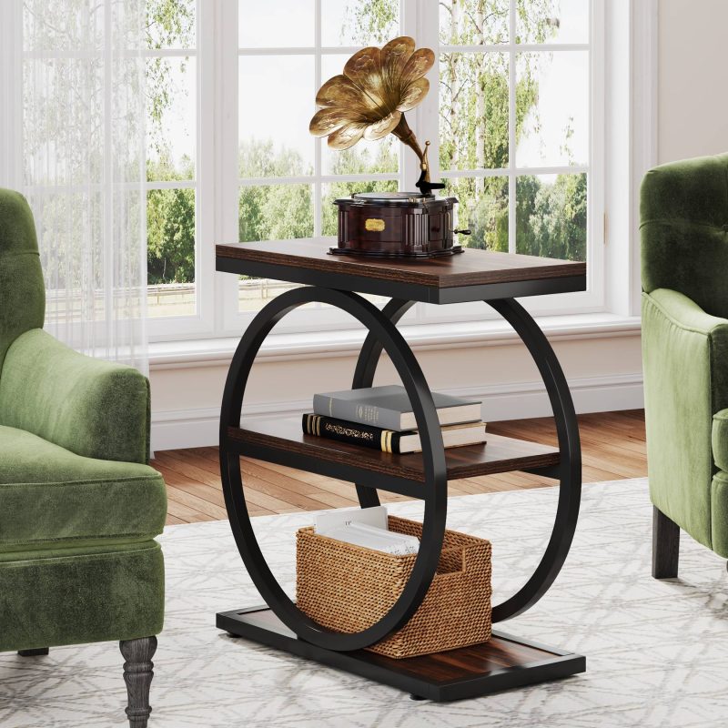 3-Tier End Table, Industrial Sofa Side Table with Round Metal Frame - Image 2