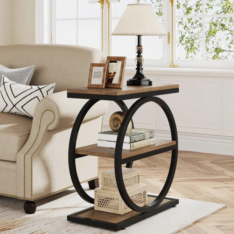 3-Tier End Table, Industrial Sofa Side Table with Round Metal Frame - Image 5