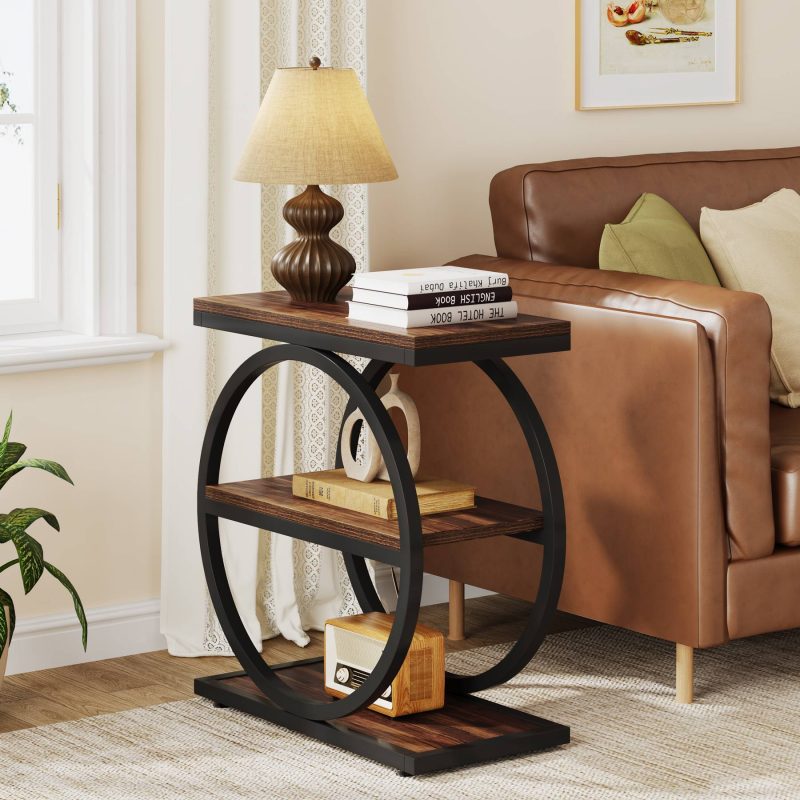 3-Tier End Table, Industrial Sofa Side Table with Round Metal Frame - Image 7