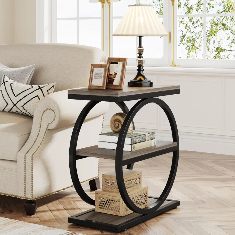 3-Tier End Table, Industrial Sofa Side Table with Round Metal Frame